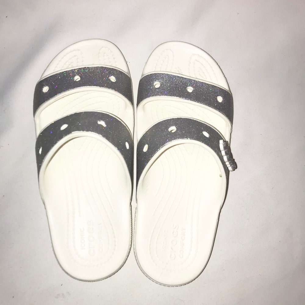 Crocs Classic Glitter Sandals Silver Strap Slides Womens 7 Mens 5 Comfort Summer - Picture 6 of 13